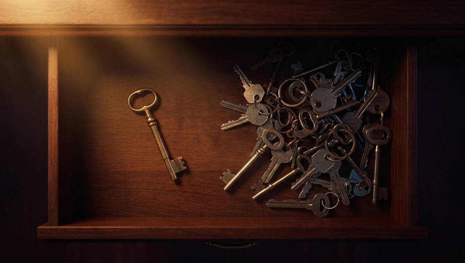 A drawer of mismatched keys beside one brass key